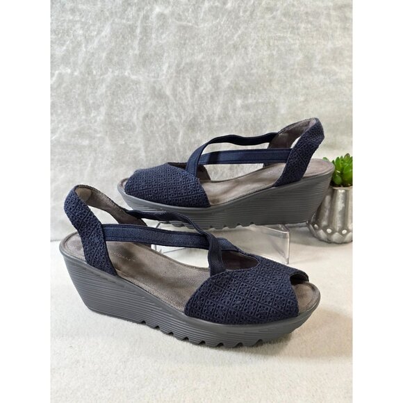 Skechers Memory Foam Navy Blue Wedge Sandals With Stretch Straps & Peep Toe Desi - Picture 1 of 12